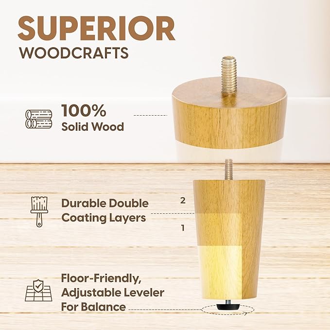 Yes4All 4 Inches Round Natural Solid Wood Furniture Legs Set of 4, Heavy Duty 800 Lbs Capacity Furniture Legs with Leveler, Replacement Legs for Furniture, Couch, Sofa, Dresser, Ottoman