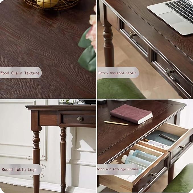 Walnut Writing Desks with Drawers, 47" Solid Wood French Country Style Computer Desk for Home Office, Living Room Study or Workspace