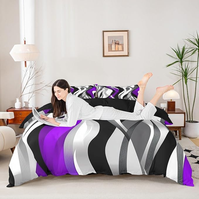 Purple Black Stripes Duvet Cover Set King Size,Minimalist Geometric Striped Waves Bedding Set,Boys Girls Room Decor,Modern Abstract Simple Comforter Cover,Chic Quilt Cover,2 Pillowcases(No Filler)