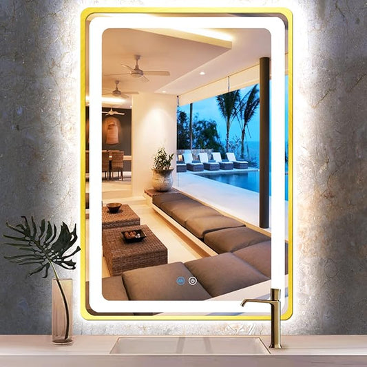 30 x 40 Inch Gold Vanity Mirror with Lights Smart Memory 3 Color Dimmable AntiFog 40 Gold Frame Lighted mirror for Bathroom Salon Horizontal/Vertical Wall Mounted LED Makeup Mirror with Light