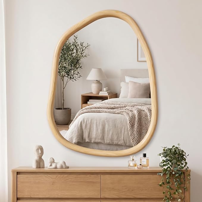 Vercraft 32 x 24 Inch Irregular Asymmetrical Wall Mirror with Solid Wood Frame, Boho Decorative Mirrors for Bedroom Living Room Entryway Hall