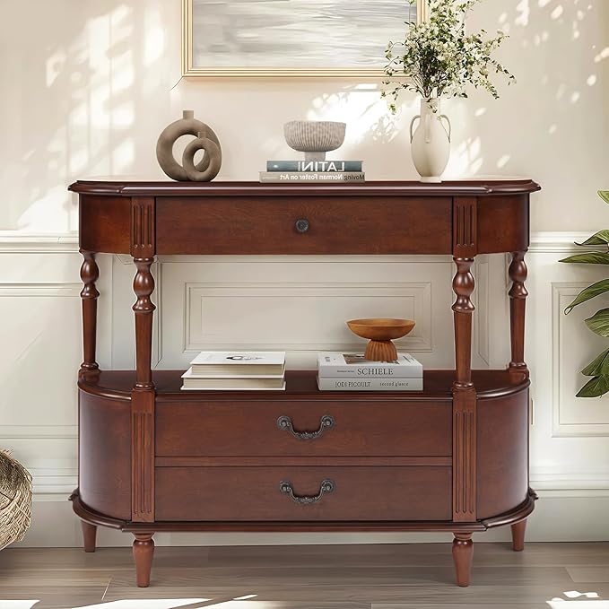 Solid Wood Retro Curved Console Table, 43" Half Moon Console Table Sofa Table Entryway Table with 3 Drawers Open Shelf Pine Roman Legs Curved Corners for Living Room,Entryway,Hallway,Cherry