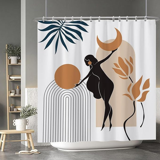 Baocicco Boho Mid Century Shower Curtain Sun and Moon in The Woman's Hands Minimalist Geometric Shower Curtains for Bathroom Bathtubs Waterproof Fabric Shower Curtain with Hooks 72x72 Inches