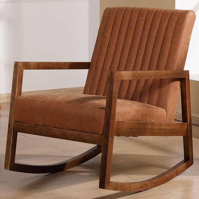 VESCASA Brown Faux Leather Rocking Chair with Channel-Tufted Back, Mid-Century Modern Comfy Rocker with Walnut Wood Frame for Nursery Living Room Bedroom Indoor, Burnt Orange Upholstered Chair