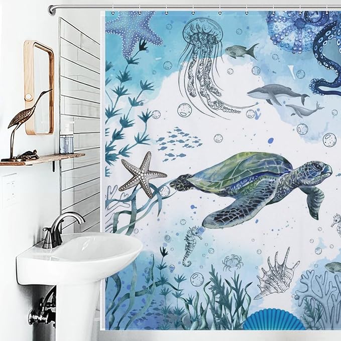 Sea Turtle Shower Curtain,Nautical Blue Teal Ocean Fish Underwater Animal Seashell Jellyfish Coastal Theme Bathroom Curtain Waterproof Fabric Machine Washable with Hooks,72x78Inch