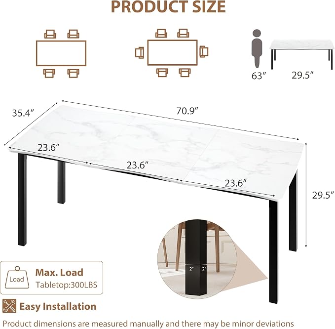 Garvee Dining Room Table for 6-8 People, 71” Dining Table, Rectangular Kitchen Table with Iron Legs, Quick Assembly, 300 Lbs Capacity, for Dining Room, Kitchen and Living Room, Marble