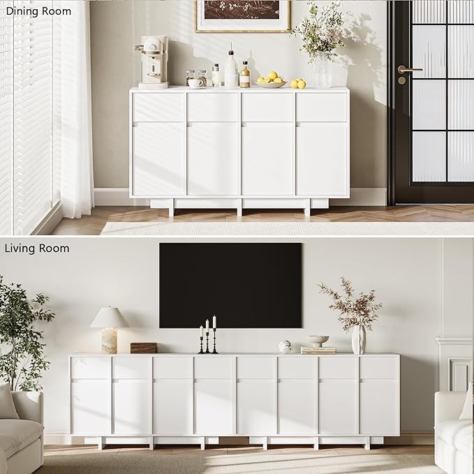 CHUWELL 55" Sideboard Buffet Cabinet with 4 Sliding Doors and 4 Drawers,Minimalist Linear Design & Handleless Design,Side Board with Adjustable Shelf for Living Room,White