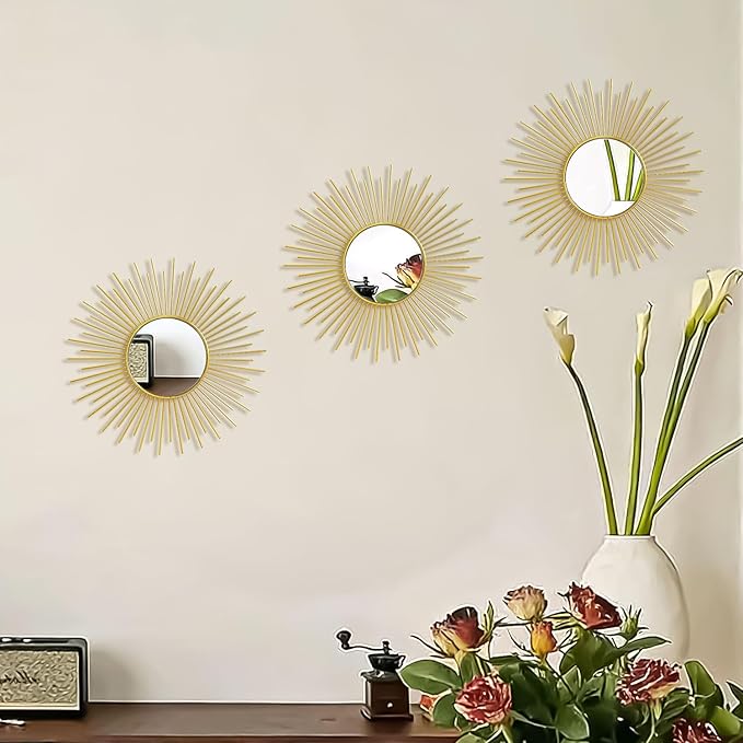 3 Pack Metal Mirrors for Wall Sunburst Wall Mirrors Home Décor Decorative Hanging Wall Art for Living Room Bedroom Entryway (Gold2, Sunburst)