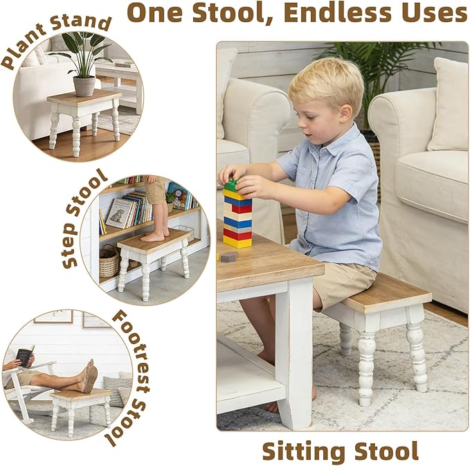 Farmhouse Wooden Step Stool, Solid Wood Step Stool for Kids Adults, Plant Stand Indoor Decor, Portable and Sturdy Versatile Foot Stools for Bathroom, Bedroom, Office, Kitchen (Rectangle)