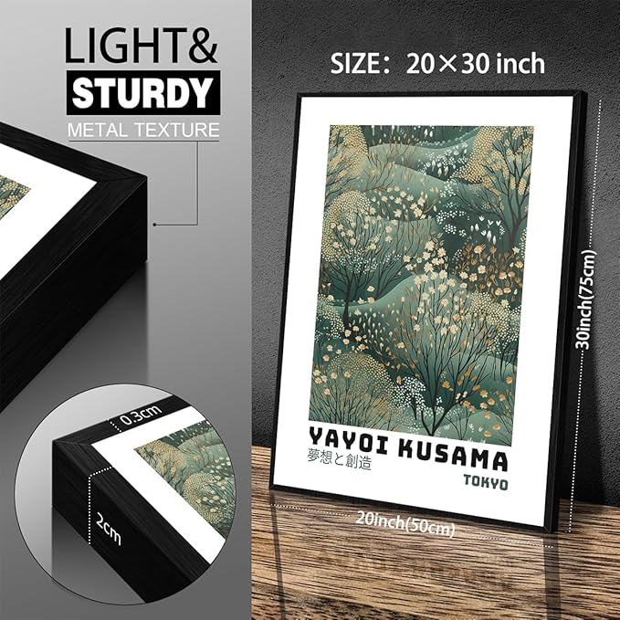 Yayoi Kusama Inspired Poster Japanese Botanical Wall Art Abstract Yayoi Kusama Print Modern Ukiyo-e Japanese Gallery Wall Decor 20x30in Black Framed for Home Bedroom Decorations