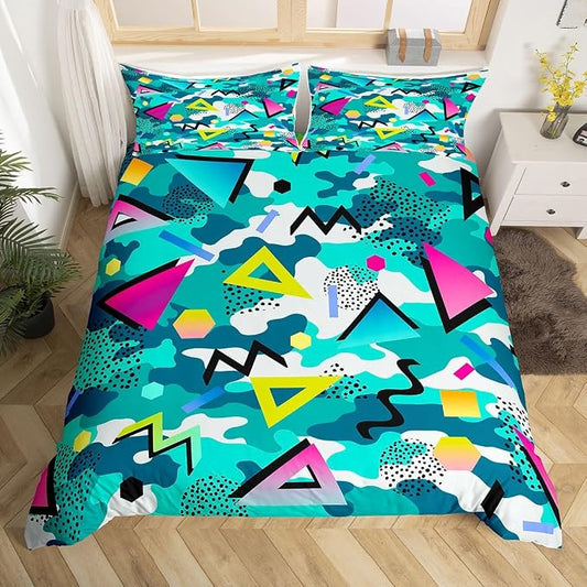 80s 90S Fashion Style Bedding Set Twin Size,Retro Memphis Style Pattern with Geometrical Shapes Duvet Cover for Kids Child,Funky Hipster Old Fashioned Comforter Cover Geometric Bedroom Decor