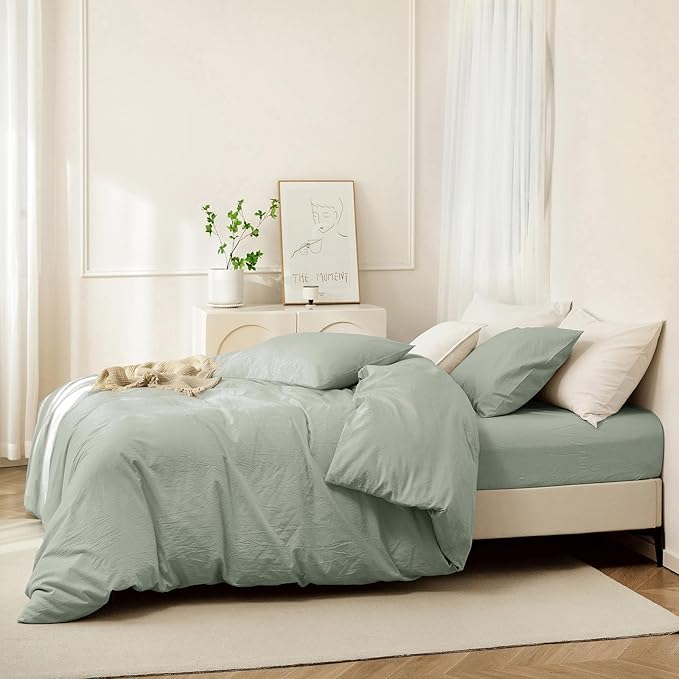 JIYUAN 100% Washed Cotton Duvet Cover Set 3 Pieces Full, 1 Duvet Cover 80x90 Inches(Comforter Not Included) and 2 Pillowcases,Linen Feel Bedding Set Comfy and Breathable, Heathered Sage Green
