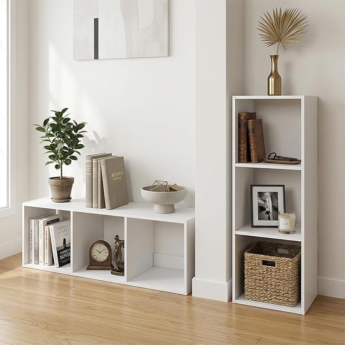 Endearing Limons【2026 Wooden 3 Cube Shelf Storage Organizer with Anti-Tipping Kits + Reversible Open Back Solid Panel Bookcase (11 x 11 Unit Cell White)