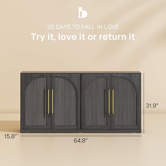 BELLEZE Set of 2 65" Sideboard Cabinet with Double-Arc Wood Doors, Large Buffet Cabinet with Storage and Adjustable Shelves, Classic Modern Console Table for Dining Room Living Room Entryway (Ebony)