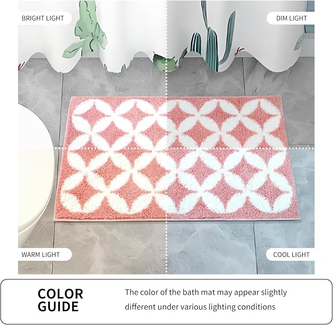 Civkor Pink and White Bathroom Rug Non Slip Washable, Cute Bath Mat for Bathroom with TPR Backing, Quick Dry Fluffy Microfiber Piles, Super Water Absorbent Thin Bath Rug Fit Under Door, 24x16Inch