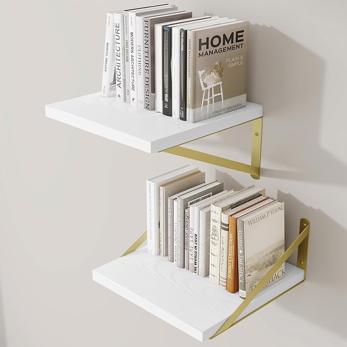 Deep Wall Shelves 12"W x 12"D Engineered Wood Floating Shelves for Wall, Sturdy Metal Bracket(Gold) Bookshelves Home Decor Storage for Living Room Bedroom Bathroom Kitchen, Set of 2, White Finish