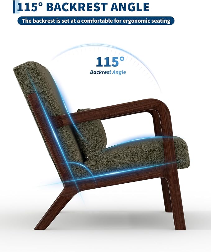 Garvee Mid-Century Modern Accent Chair, Sherpa Upholstery, Solid Wood Armchair with Removable Lumbar Pillow, Sturdy Reading Chair for Living Room, Bedroom, Guest Room, Easy Assembly, Green