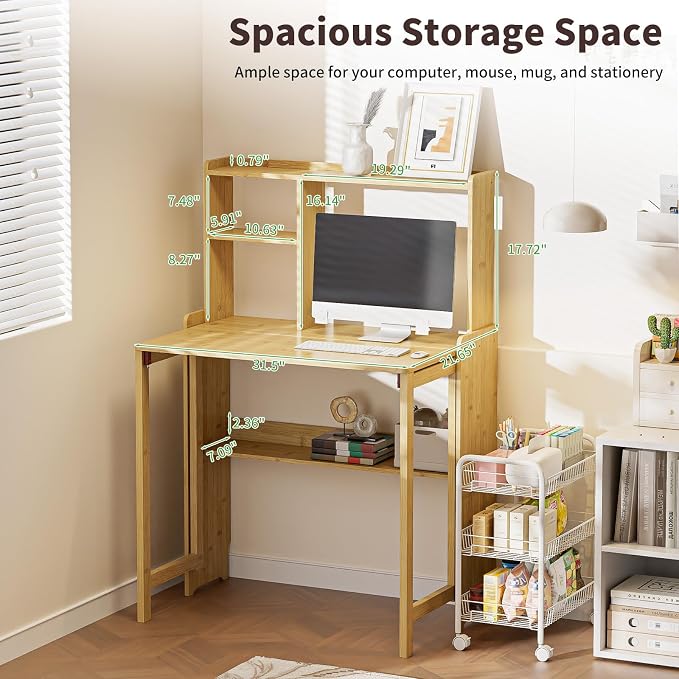 Bamboo Folding Desk for Small Spaces with Storage, Mid Century Foldable Desk with Bookshelf, Small Desks with Storage for Home Office Bedroom, Natural