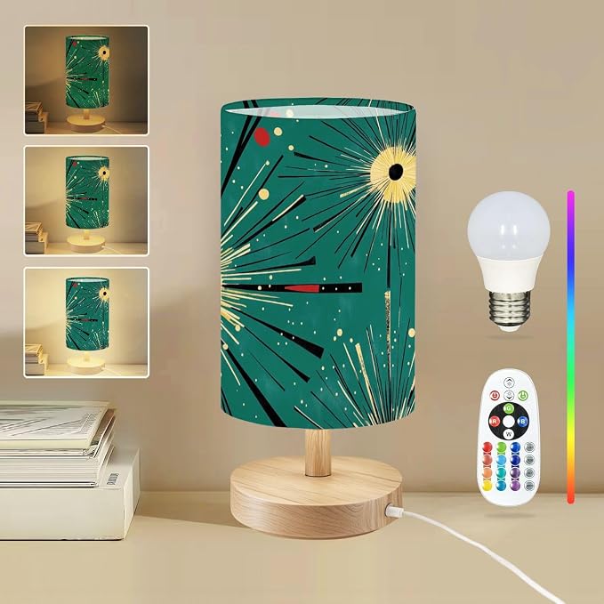 Bedside Table Lamp Atomic Seamless Atomic Starburst Mid Century Modern Green Black Blue 16-Way Dimmable Small Desk Lamp with Round Flaxen Fabric Shade for Nightstand Bedroom Living Room Home Decor