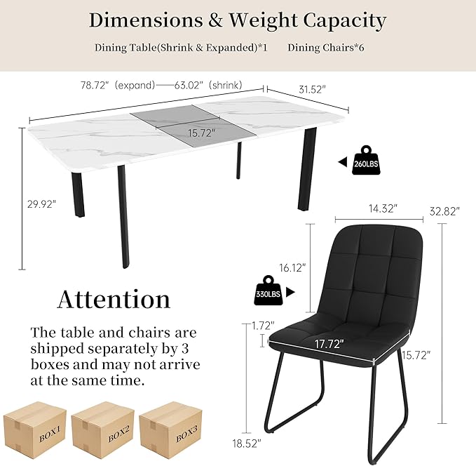 Extendable Dining Table Set for 6-8 People, 63 to 78.7 Inch MDF Kitchen Table with 6 Upholstered Chairs, Space-Saving for Dining Room, Breakfast Nook (White Table & 6 Black U-Shaped Chairs)