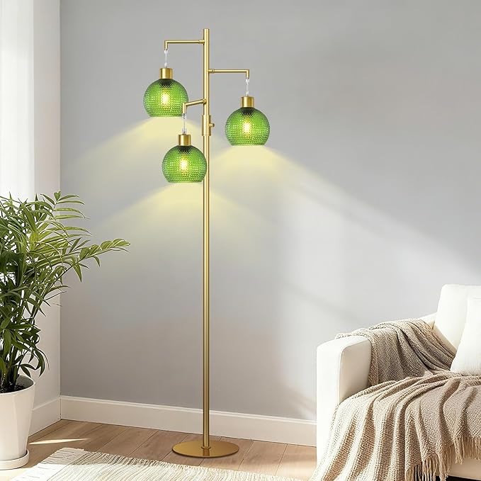 Modern Floor Lamp with Shade, Dimmable Standing Lamp for Living Room, 3 Lights Tree Lamp with Green Glass Shade, Tall Lamps for Bedroom with 3 x 600LM Bulb