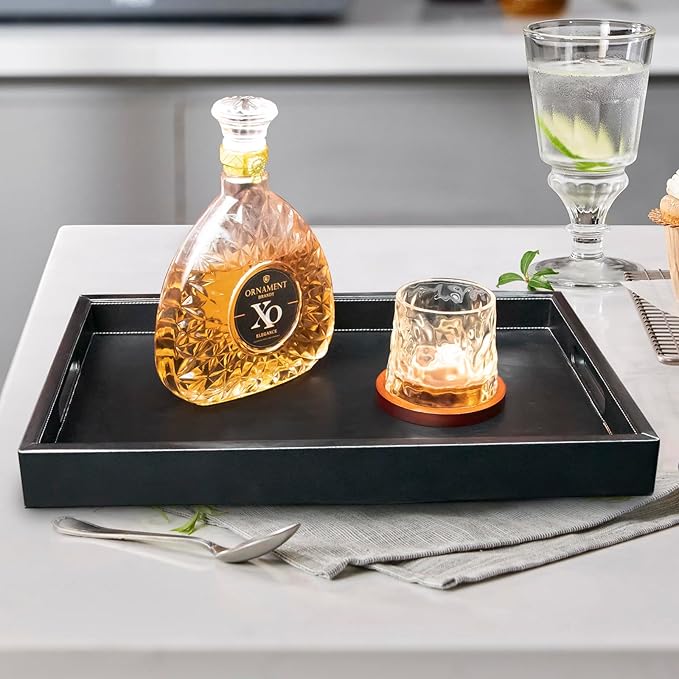 20 * 14 inches Leather Rectangle Serving Tray with Hole Handles,High-End Light Large Service Tray for Ottoman Tray, Tea, Food, Butler - Countertop, Kitchen,Family Dinner, Picnic (Black)