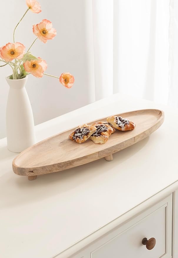 Kate and Laurel Tomaz Modern Decorative Mango Wood Oval Footed Tray, 23 x 7, Light Natural, Transitional Food-Safe Wooden Coffee Table Tray with Elevated Design and Unique Oval Shape