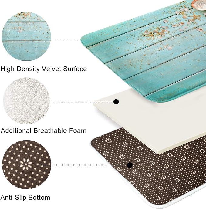 Britimes Bath Mat for Bathroom, Beach Shell Sea Collection Vintage Boho Washable Cover Floor Rug Carpets Floor Mat Bathroom Decorations 16x24 Inches for Kitchen Bedroom