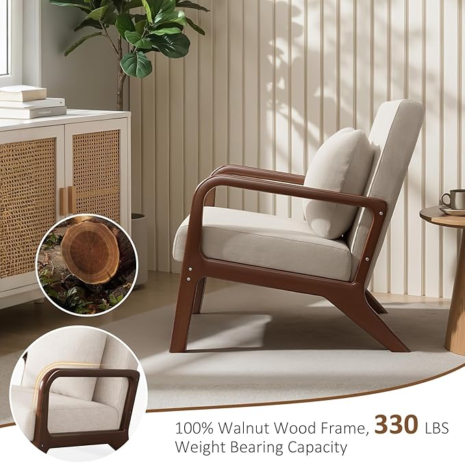 Mid Century Accent Chair with Solid Wood Frame Set of 2, Upholstered Lumbar Pillow Lounge Chair Beige Linen Fabric Cozy Leisure Chair Relaxing Walnut Living Room Chair for Bedroom Waiting Room