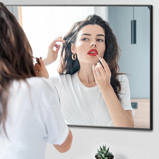 24x36 Inch Black Bathroom Mirror, Copper-Free Mirror, Aluminum Alloy Frame Vanity Mirror, Rectangle Wall Mounted Mirror, Modern Mirror for Bedroom/Living Room/Porch Horizontal or Vertical