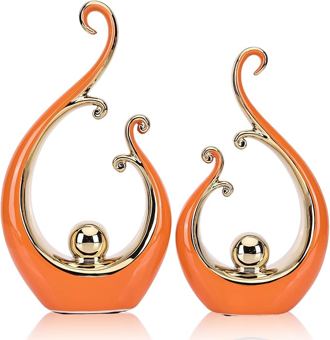 DOVDOV Orange and Gold Home Decor, Abstract Ceramic 2-Piece Sculpture Set, Modern mid-Century Art Statues, Perfect for Accent Tables, countertops, Coffee Tables, and entryway Decor.