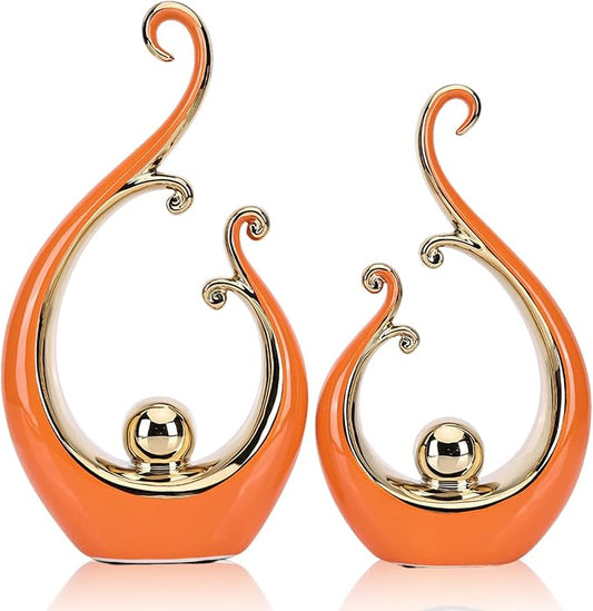 DOVDOV Orange and Gold Home Decor, Abstract Ceramic 2-Piece Sculpture Set, Modern mid-Century Art Statues, Perfect for Accent Tables, countertops, Coffee Tables, and entryway Decor.