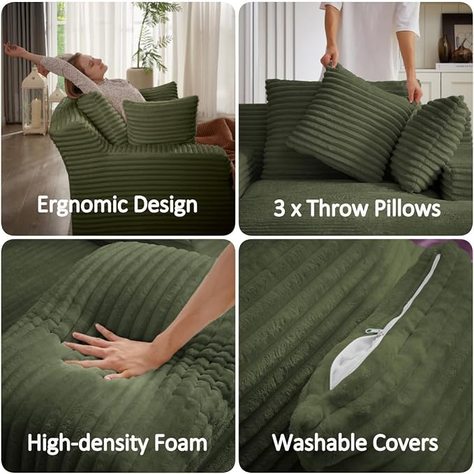 50 Inch Oversized Chaise Lounge Chair Indoor, Corduroy Upholstered Sleeper Sofa Bed with Spring Cushion, No Assembly Lazy Boneless Chaise Lounge for Bedroom Office, Green