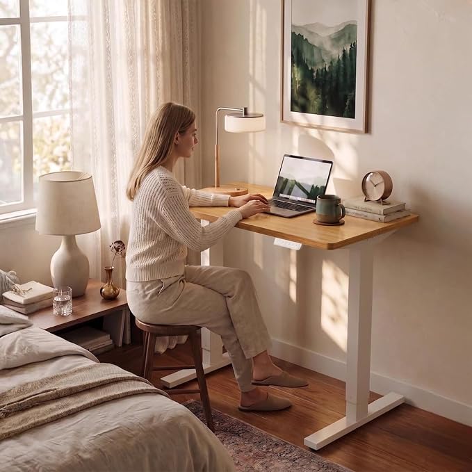 HUANUO Electric Standing Desk, 55" x 28" Height Adjustable Desk, 4 Memory Height Settings, Sit to Stand Up Desk for Home Office, with Headphone Hook, Cable Manager, Light Vintage Brown