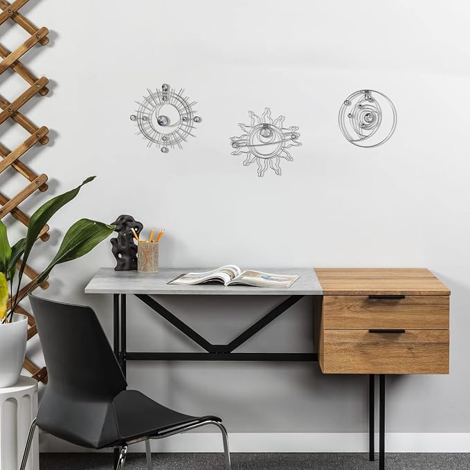 Silver Metal Wall Art, Abstract Sun Moon Star Decor, Modern Line Art Valentine Decorations, Mystical Star Circle Planet Handmade Wall Valentine Decor for Living Room Kitchen Office 9 inch