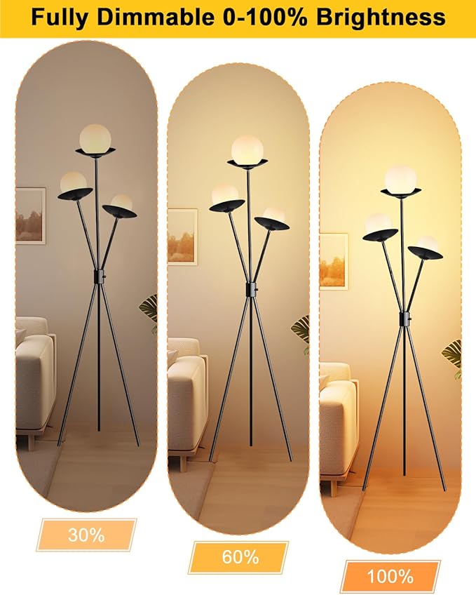 3 Globe Dimmable Tripod Floor Lamp, Mid Century Floor Lamps with 3Pcs 3000K Bulbs Included, Modern Standing Tall Lamp for Living Room Bedroom Office-Black