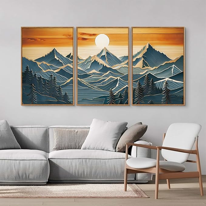 Tinonedraw Large Mountains Framed Canvas Wall Art Set of 3, Boho Nature Woodcut Forest Art Prints, Mid Century Modern Wall Decor, Sunset Landscape Art Paintings for Living Room Bedroom Office 16"x24"
