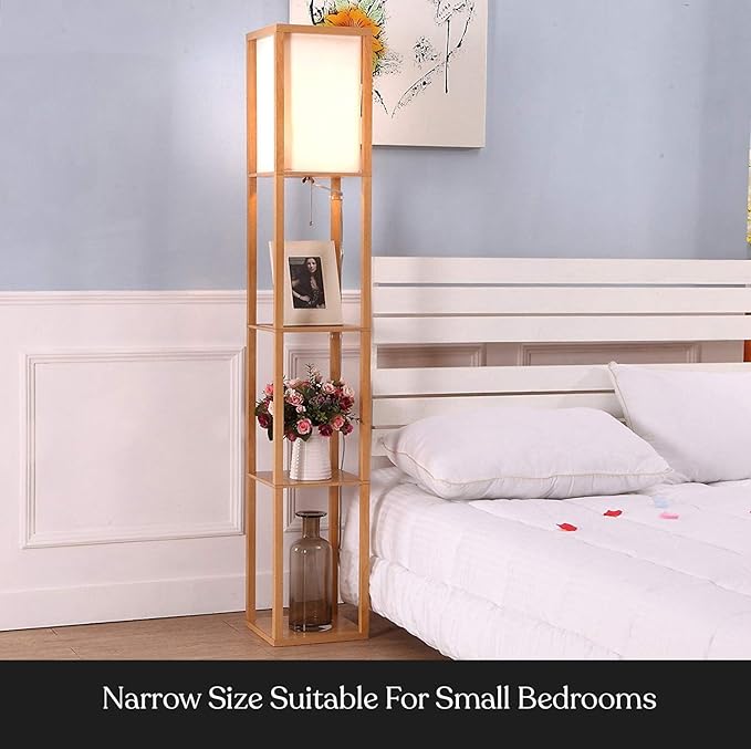 Brightech Maxwell - Modern Shelf Floor Lamp with Lamp Shade & Warm White LED Bulb, Corner Display Floor Lamp with Shelves for Living Room, Bedroom, Nightstand Office, Home Decor Storage - Natural Wood