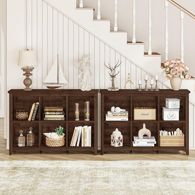 BON AUGURE 6 Cube Storage Bookshelf, Horizontal Wooden Bookcase with Curved Edge, Floor Standing Cubby Organizer for Living Room, Bedroom & Home Office (Rustic Oak)