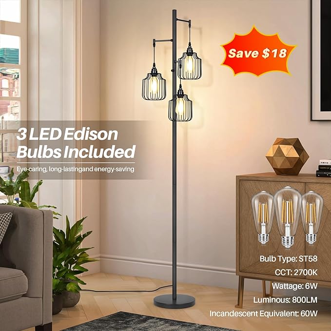 Dimmable Floor Lamp with 3 x 800LM LED Edison Bulbs,Tall Standing Lamp for Living Room,Farmhouse Black Corner Floor Lamp,Bright Industrial Rustic Vintage Tree Pole Light with Cage for Bedroom Office