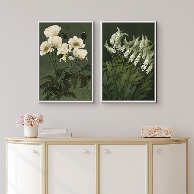 IDEA4WALL Framed Canvas Print Wall Art Set White Bloom Botanical Elegant Green and Cream Floral Illustrations Modern Art Decorative Calm/Zen for Living Room, Bedroom, Office - 24"x36"x2 White