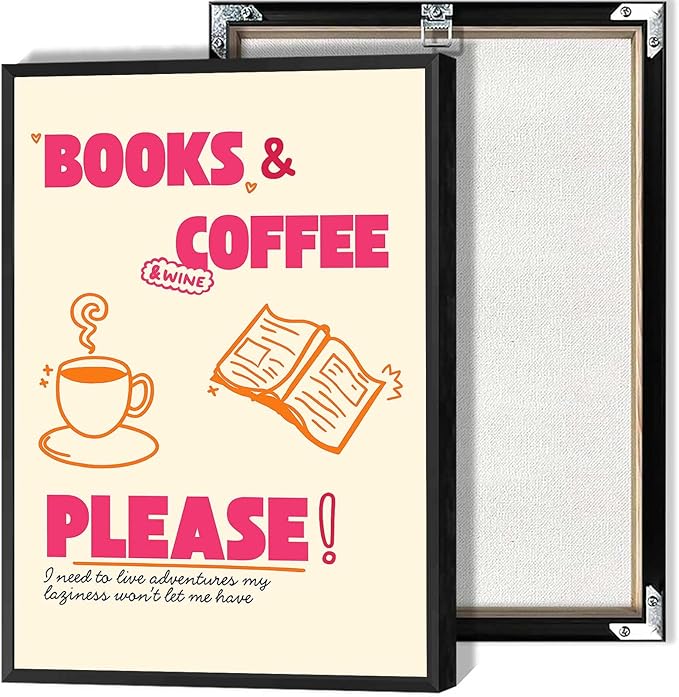 "Books & Coffee Please!" Canvas Wall Art Coffee Cup And A Book Illustrations Posters Cheerful And Casual Style Prints Modern Aesthetic For Living Room Bedroom Dorm Wall Decor 8x12in Framed