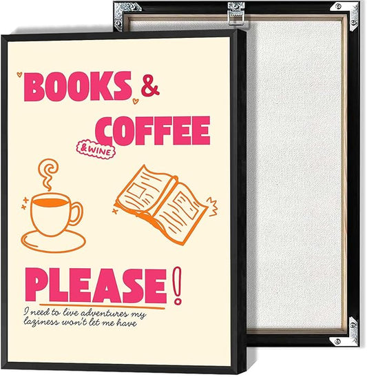 "Books & Coffee Please!" Canvas Wall Art Coffee Cup And A Book Illustrations Posters Cheerful And Casual Style Prints Modern Aesthetic For Living Room Bedroom Dorm Wall Decor 16x24in Unframed