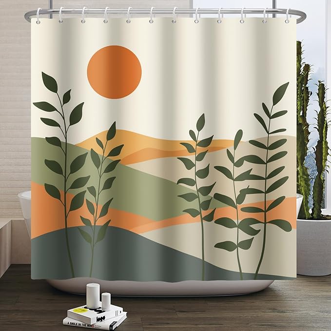 Modern Boho Shower Curtain Set,Mid Century Shower Curtains for Bathroom,Minimalist Sun Waterproof Bathroom Curtains with Hooks 72x72inch