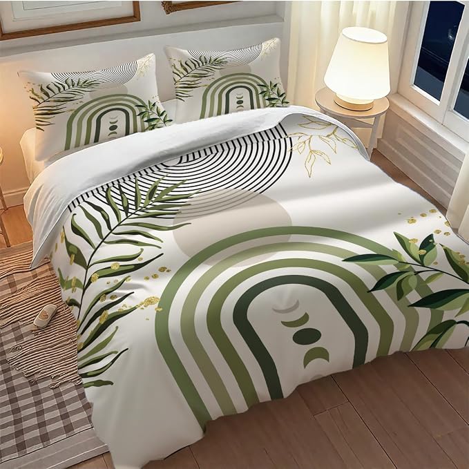 Boho Green Leaf Bedding Set,Abstract Bohemian Mid Century Aesthetic Comforter Set,Modern Simple Minimalist Geometric Plant Botanical Palm Leaf Bed Sets,Full 79"x90"