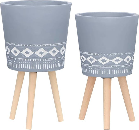 Set of 2 Resin Planters with Stands – Plant Stand Indoor Display, Outdoor Decor – Living Room Or Patio Placement – Mid–Century Style Plant Stand Home Decor – 12" & 10", Gray