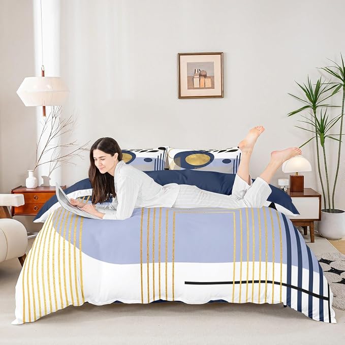 Erosebridal Boho Mid Century Queen Comforter Cover Blue Neutral Modern Duvet Cover Geometric Abstract Bed Set Minimalist Aesthetic Bedding Set