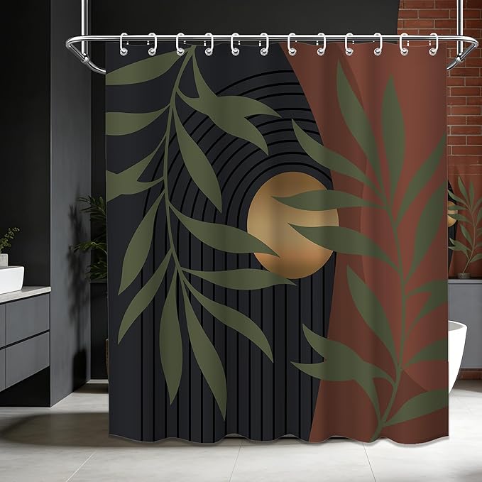 Boho Orange Shower Curtain, Mid Century Modern Green and Orange Shower Curtains for Bathroom, Waterproof Fabric Set with Hooks, 70" W x 72" L