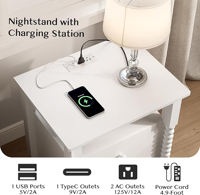 White Night Stand Set 2, Vintage Nightstand with Charging Station, Bedside Table with 2 Drawers, End Table with Solid Wood Legs, Bed Side Tables for Bedroom, White