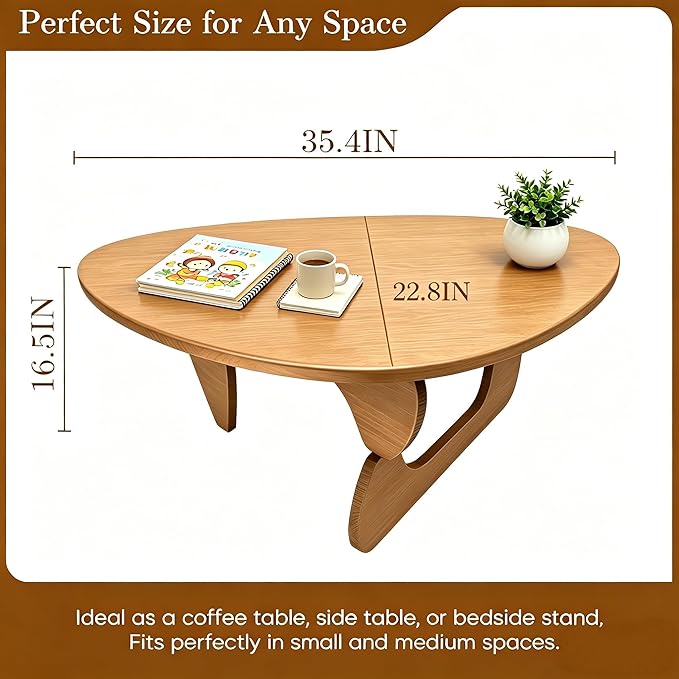 Solid Wood Coffee Table, Mid-Century Modern Triangle Center Table for Living Room, Irregular Natural Wood Tea Table, Fingerprint-Free & Shatterproof, 35.4" L x 22.8" W x 16.5" H